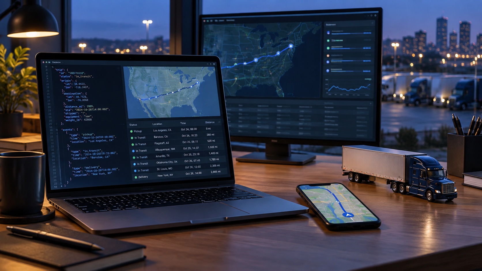 Developer workstation connecting fleet trip data through an API