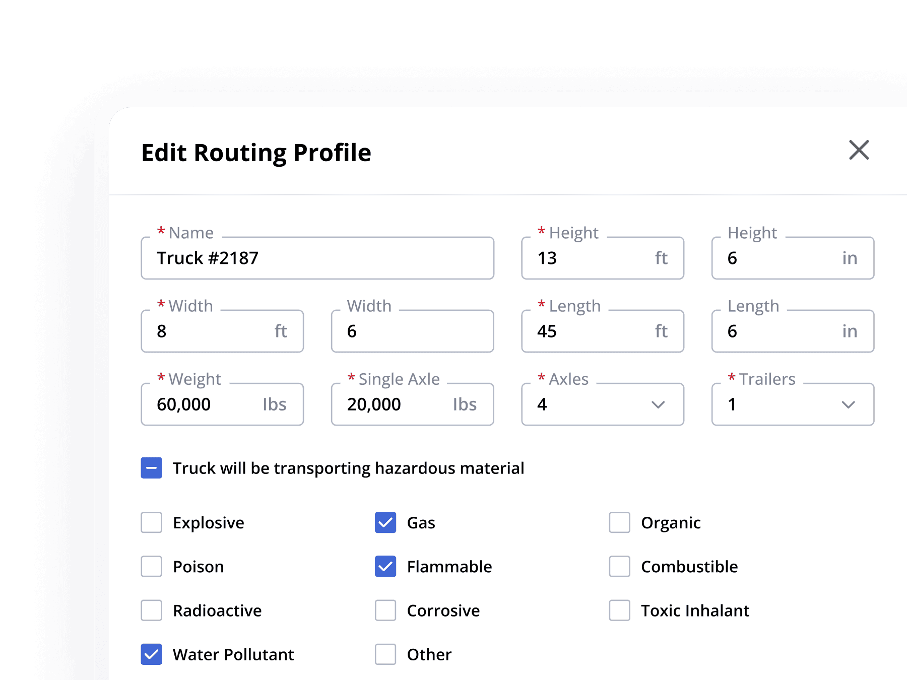 The Edit Routing Profile panel in Trucker Path for Fleets, showing truck name, height, width, length, weight, single axle weight, axles and trailers, with the hazardous material checkbox ticked and class options including explosive, gas, flammable, corrosive, radioactive and toxic inhalant.