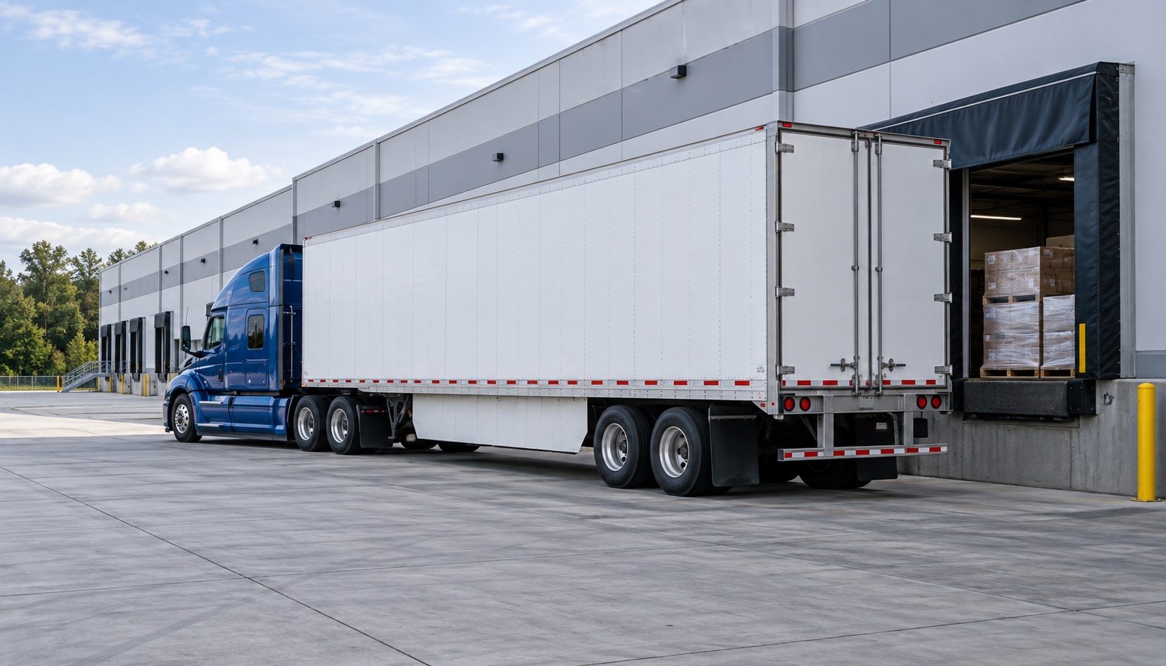 Illustrative photograph of a semi-truck at a distribution center loading dock.