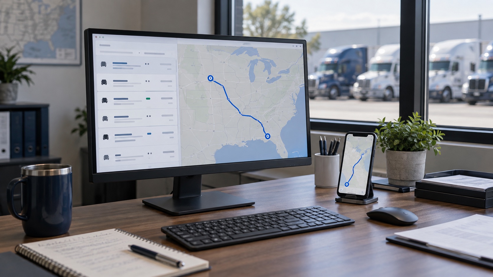 Illustrative dispatch workspace with a desktop trip map and driver navigation on a phone; not a product screenshot.