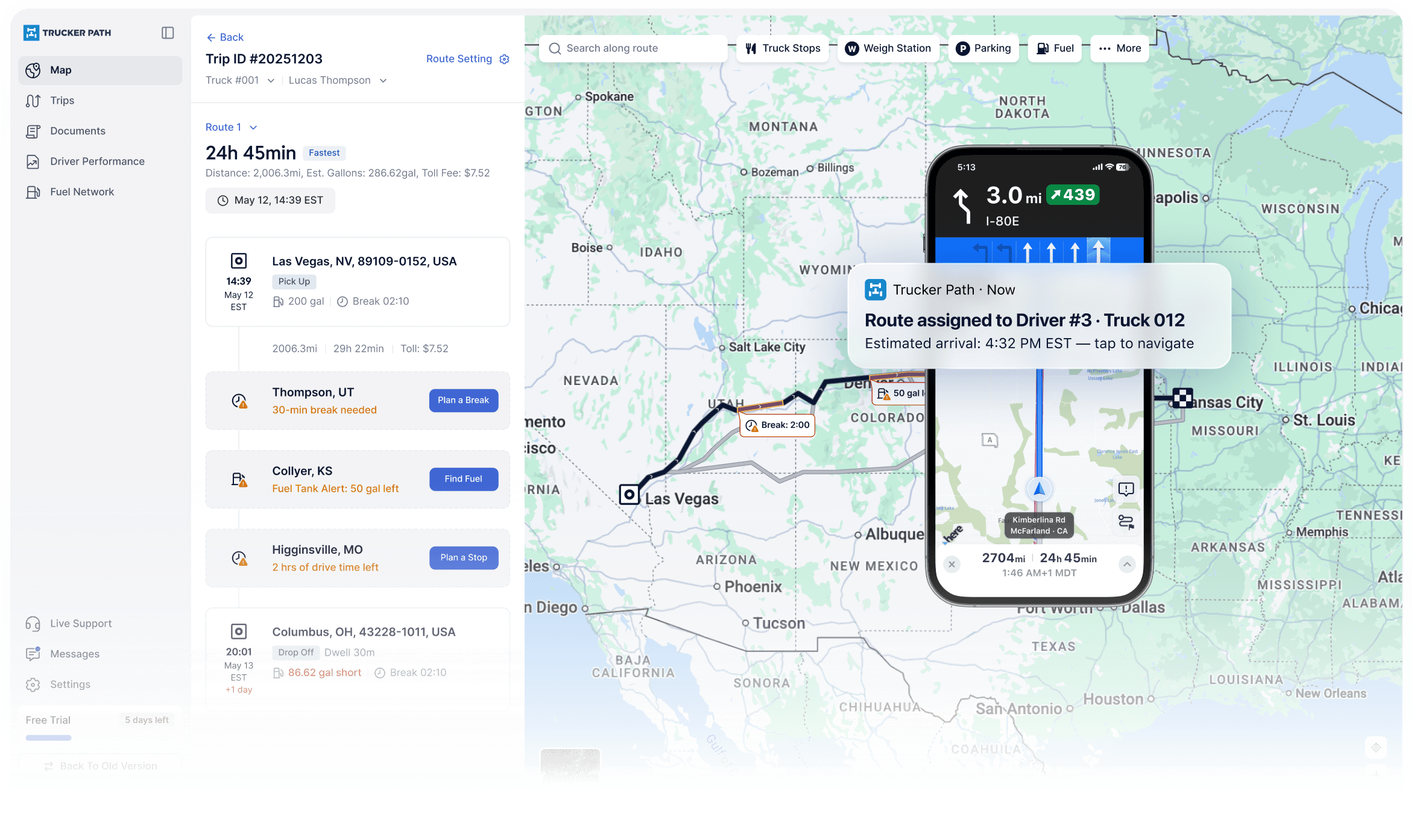 Trucker Path fleet trip planning alongside a driver navigation preview and route assignment notification.