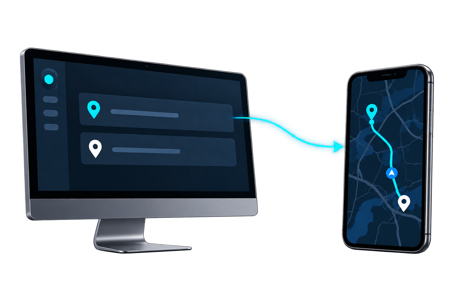 Illustration: a trip sent through the fleet API from a dispatch computer to navigation on the driver’s phone.