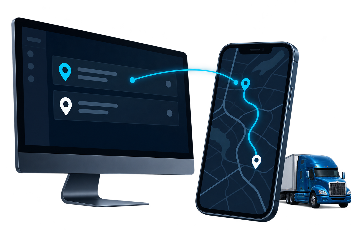 Stops planned in a desktop TMS transfer to a truck route in the driver's mobile app.
