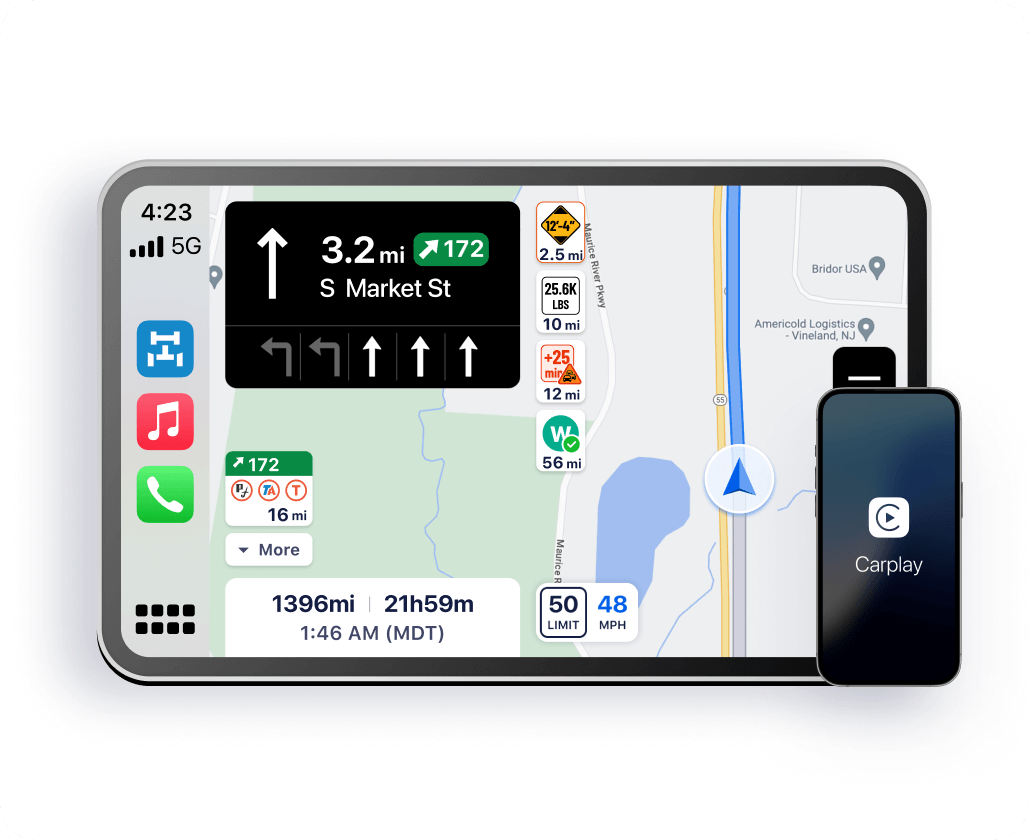 The Trucker Path route on a vehicle display through CarPlay, rather than on a phone clipped to the windscreen.
