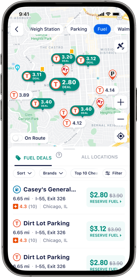 Complete Trucker Path app screen showing diesel prices and fuel deals.