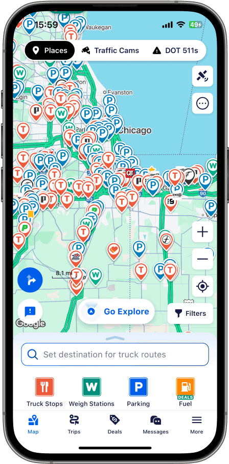 Trucker Path on iPhone showing truck stops, parking, weigh stations and fuel locations on the map.