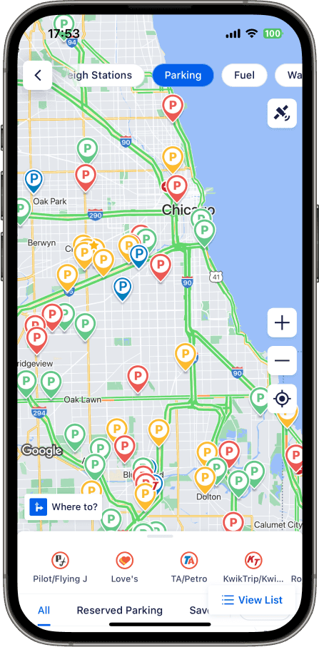Complete Trucker Path parking map showing color-coded parking locations.