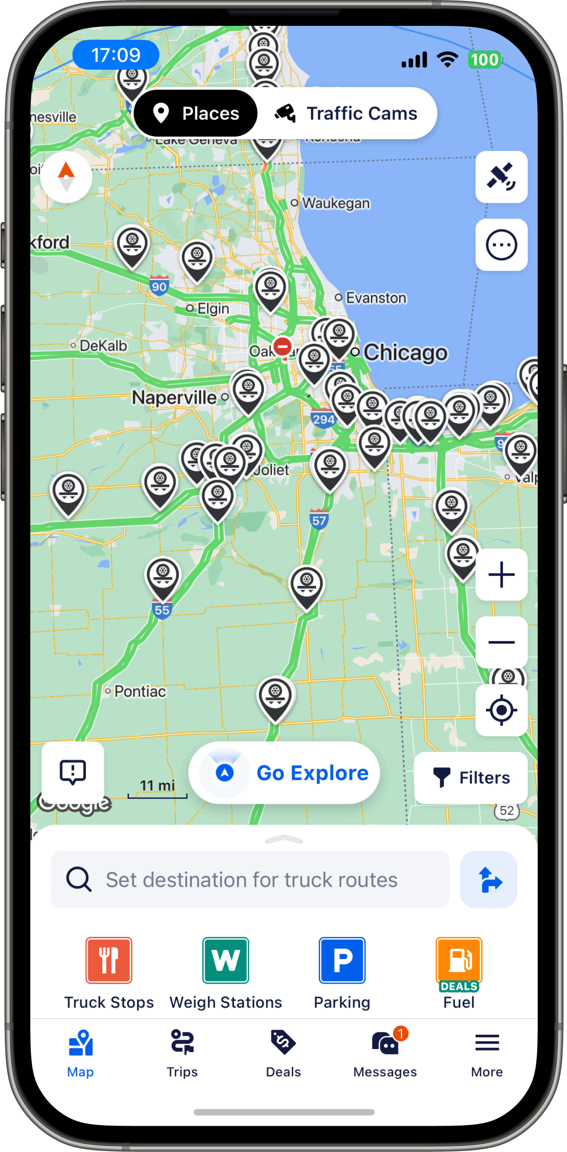 Trucker Path phone screenshot showing the Traffic Cams tab and camera locations on the map.