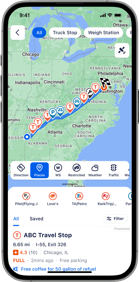 Complete Trucker Path app screen showing a truck route and stops along the way.
