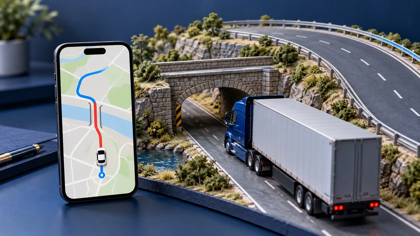 Conceptual illustration of a car map and truck routing restrictions.