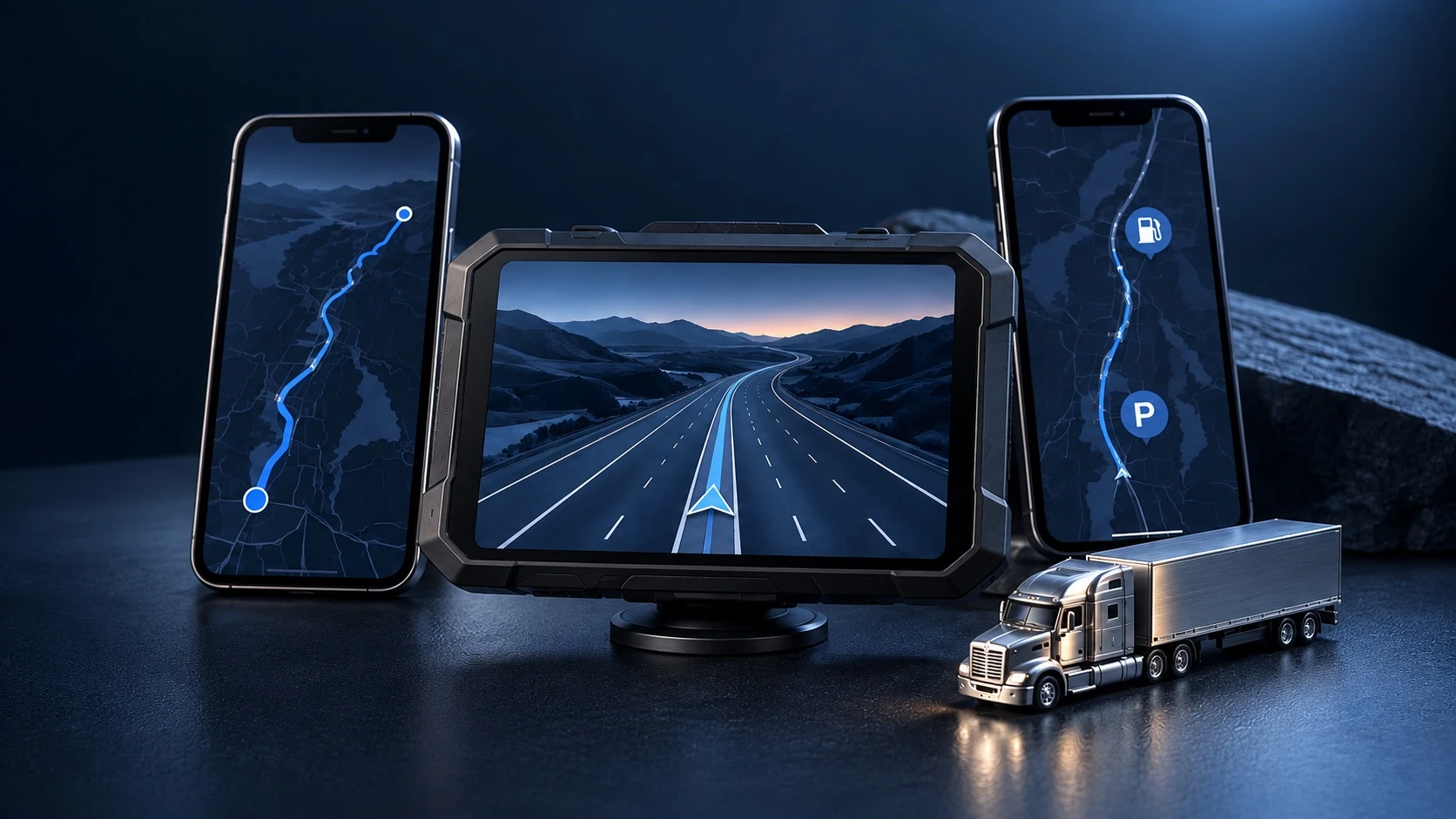 Conceptual illustration of a dedicated navigator beside two phones; not a Garmin product photograph.