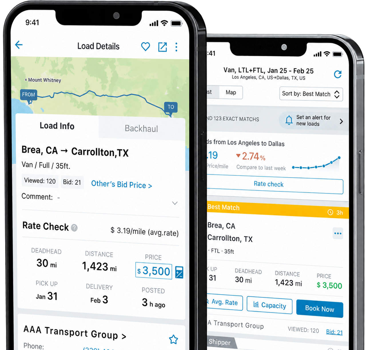 A load detail in the Trucker Path load board on a phone, showing the lane, deadhead, distance, posted price and a rate check for the run.