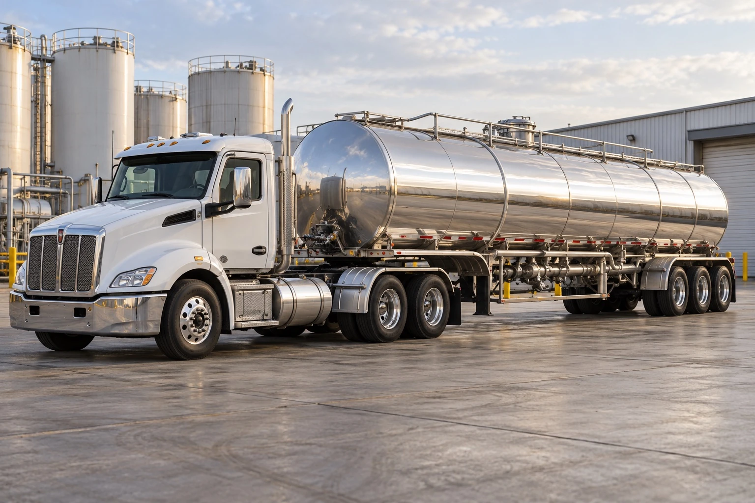 Illustrative tanker truck parked in an industrial loading yard.
