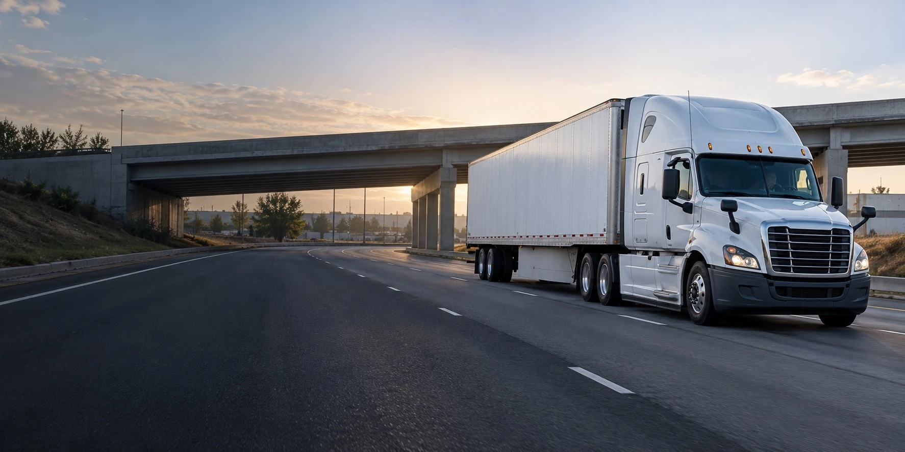 Illustrative scene of a semi truck on a road beside a highway overpass.