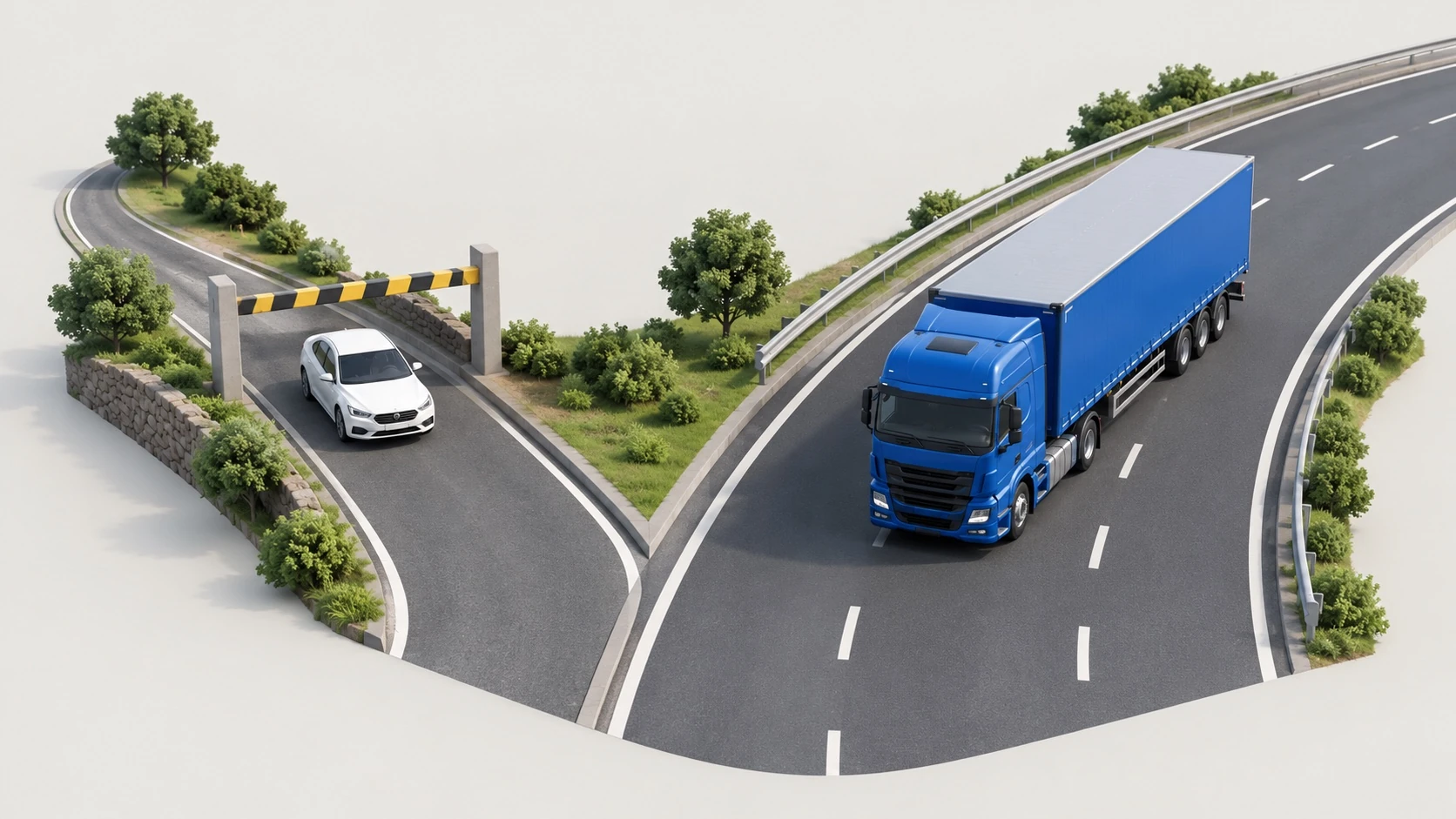 Conceptual illustration of a car under a height bar and a semi truck on a wider road.