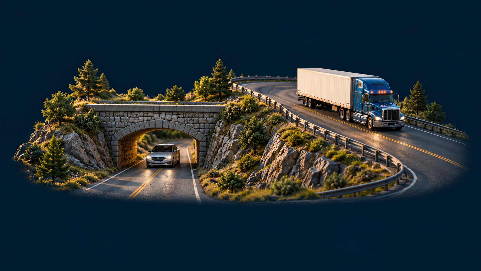 Conceptual illustration of a car passing under a low bridge while a truck takes a wider bypass.