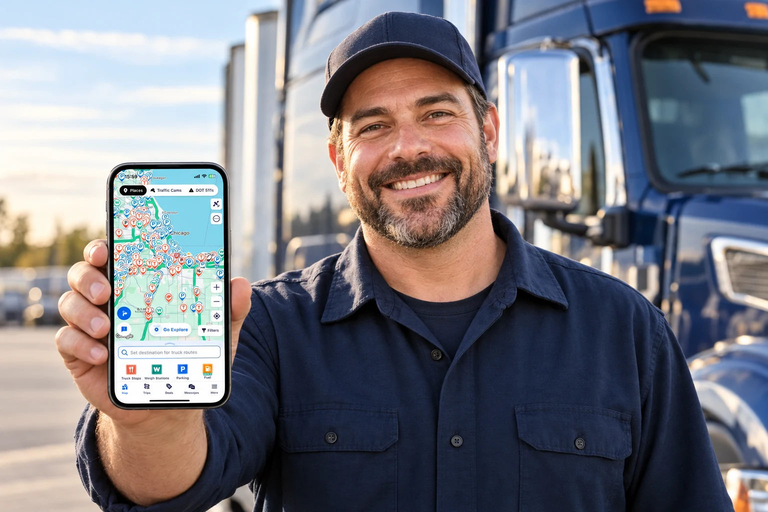 Illustrative scene of a smiling truck driver showing the Trucker Path map on his phone.