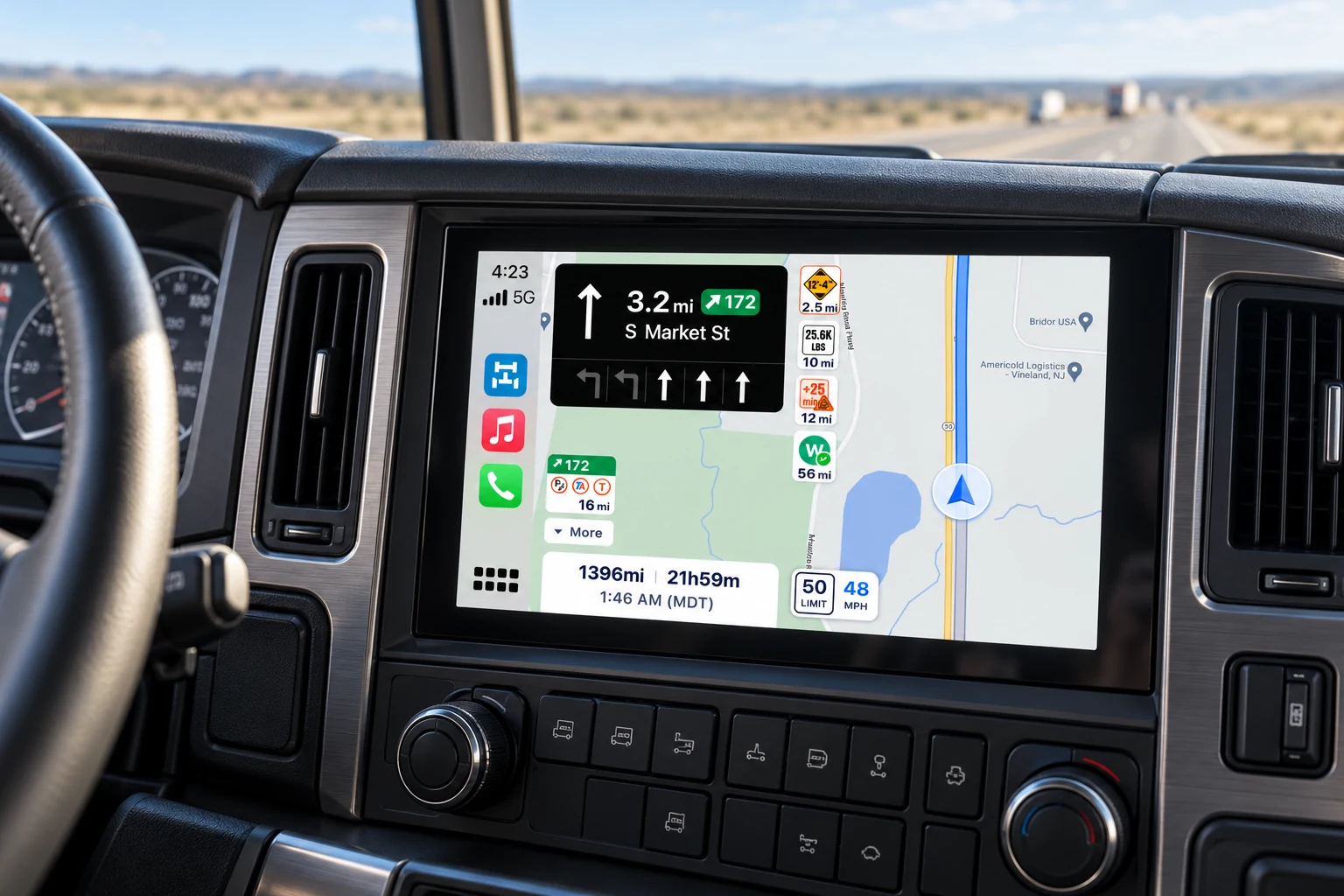 Illustrative scene of Trucker Path navigation on a truck dashboard display.