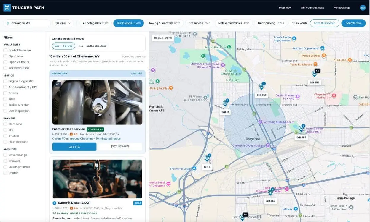 The Trucker Path results view: truck repair shops near Cheyenne listed beside the map.